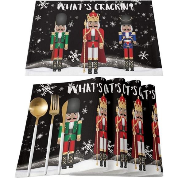 Nutcracker Placemats Christmas Decor Xmas Holiday Black Table Decorations Set 4 - Picture 2 of 6